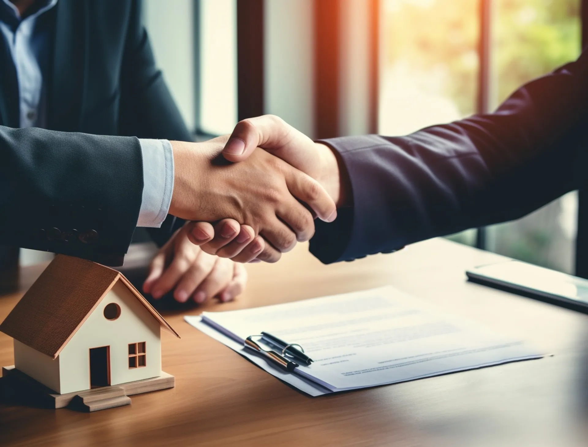 Two property professionals shaking hands beside a house model and rental documents