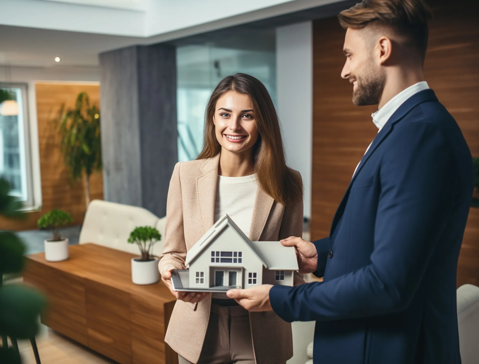 Property professionals presenting a house model to a landlord